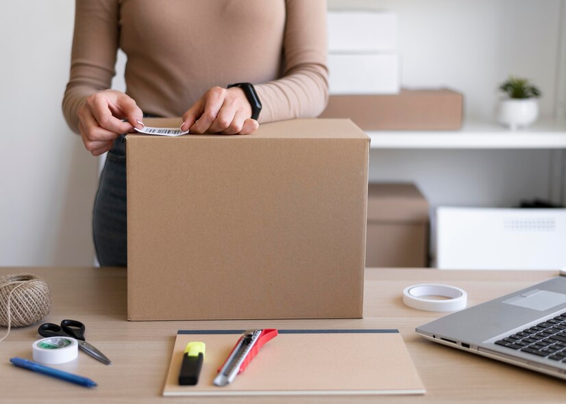 hands packing box close up